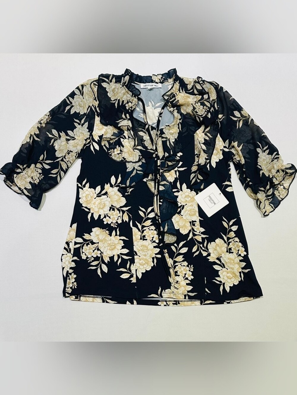 NWT Perseption Concept Floral Ruffle Tie-Neck Blouse - Navy  & Cream